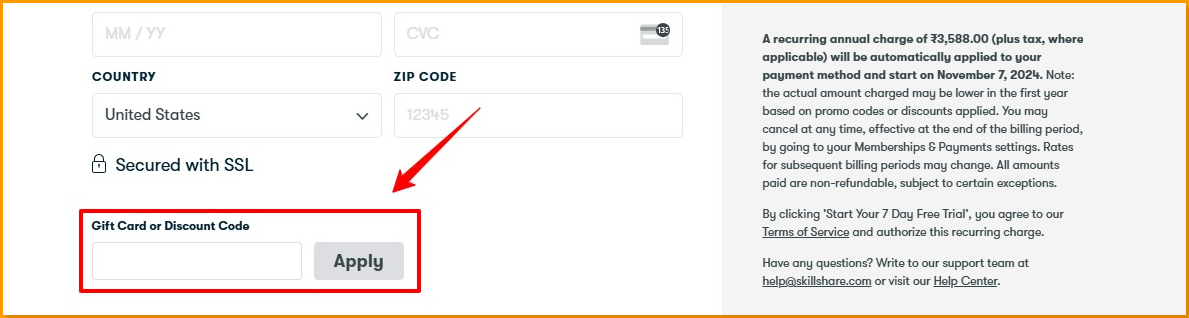 Skillshare Discount Code section at checkout page